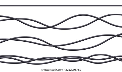 Realistic cables set, black flexible electrical wires with plastic braid isolated on white background. Power or network line, connection and telecommunication equipment, 3d vector illustration