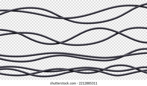 Realistic cables set, black flexible electrical wires with plastic braid isolated on white background. Power or network line, connection and telecommunication equipment, 3d vector illustration