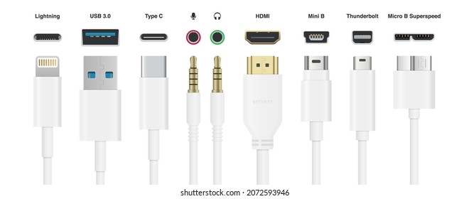 Realistic Cables USB HDMI Type C Lightning Mini Jack Mini B Micro B Thunderbolt vector illustration - Shutterstock ID 2072593946