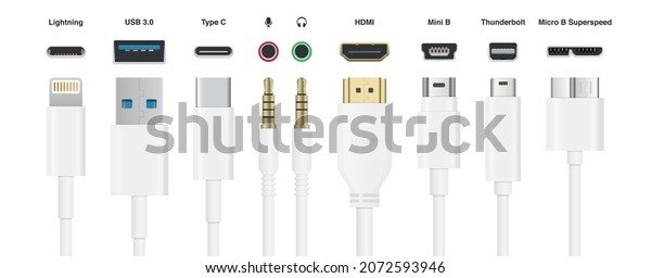 Realistic Cables USB HDMI\
Type C Lightning Mini Jack Mini B Micro B Thunderbolt vector\
illustration