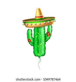 Realistic cactus air balloon in sombrero hat flower. Inflatable mexican festive element. Cinco de mayo holiday party celebration design object. Desert 3d plant. Vector isolated background illustration