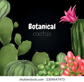 Realistic cactus composition with ornate chalkboard text surrounded by images of different species of cacti plant vector illustration