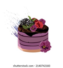 Realistic cake with raspberries and  blackberries on the background of paint splashes. Abstract background. Sweetness vector cake for postcards, flyers, advertisements, web and invitations.