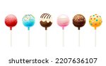 Realistic cake pops, vector chocolate dessert food in shape of lollipop candy. Isolated 3d chocolate cake balls on lollipop sticks with sweet sugar sprinkles, colorful glaze, nuts, icing and caramel