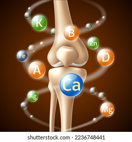 Realistic calcium. Benefits for human bones, different flying chemical elements, 3d knee joint, vitamins and minerals. Food supplement. Medical or healthcare concept, utter vector illustration