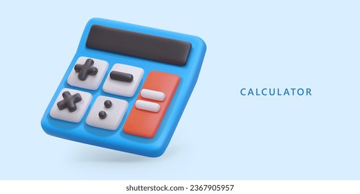 Realistic calculator in cartoon style. Basic mathematical operations online. Counting, calculation, accounting services. Financial management. Advertising poster, place for text