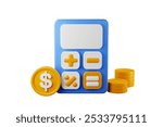 Realistic calculator icon with dollar coins on the side and two stacks of coins. 3D rendering.