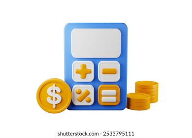 Realistic calculator icon with dollar coins on the side and two stacks of coins. 3D rendering.