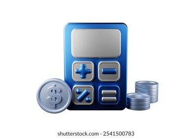 Realistic calculator icon with dollar coins on the side and two stacks of coins. 3D rendering.