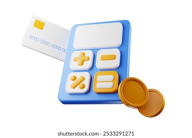 Realistic calculator icon floating in mid-air with dollar coin on the side and white credit card. 3D rendering.