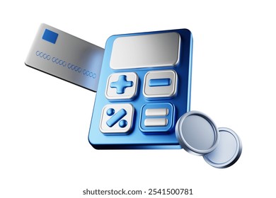 Realistic calculator icon floating in mid-air with dollar coin on the side and white credit card. 3D rendering.