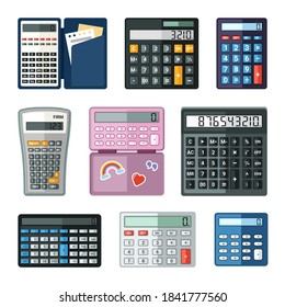 Calculadoras realistas. Matemáticas educativas con notas en caso de compra de botones grandes cálculos fáciles rosa elegante para adolescentes con pegatinas profesionales muchas funciones. Vector electrónico.