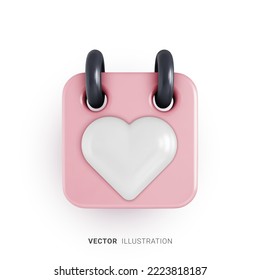 Realistic calendar icon with heart shape on it. Concept of reminder for Valentine's Day. 3d vector illustration on a white background