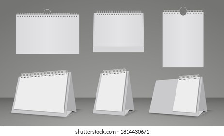 Realistic calendar templates. Wall and table blank paper calendars mockup vector set