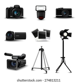 Realistic camera icons and photo equipment set isolated vector illustration