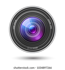 Realistic camera lens with reflections. Vector 3d professional photo video equipment macro device. Optical digital focus, zoom symbol, shutter photography technology object. Illustration isolated