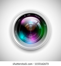 Realistic camera lens with reflections. Vector 3d professional photo video equipment macro device. Optical digital focus, zoom symbol, shutter photography technology object. Illustration isolated