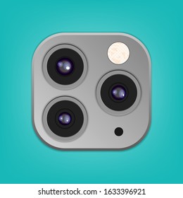 Realistic camera lenses 3D icon isolated on clear turquoise ambient background. Vector Illustration