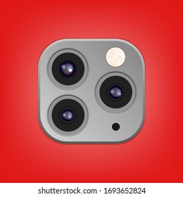 Realistic camera lenses 3D icon isolated on stylish red ambient background. Vector Illustration