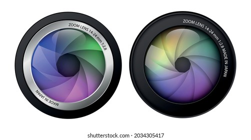 realistic camera lenses isolated, two professional photo lens with shutter blade. eps