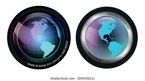 realistic camera lenses isolated, two professional photo lens with shutter blade. eps