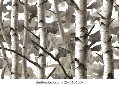 A realistic camouflage pattern featuring white birch trees, with a seamless repeating design. Real Trek-style wallpaper, camouflage background with birch tree branches, close-up, realistic.