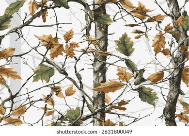 Realistic camouflage pattern with leaves and branches in the woods. Forest real tree hunting camouflage seamless pattern design for military and hunting uniform. Hunting camouflage