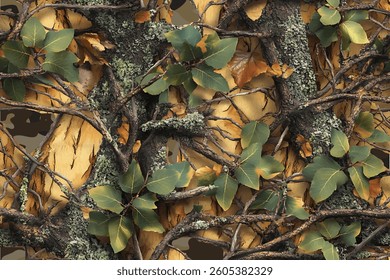 A realistic camouflage pattern with tree branches and leaves in the background, seamless repeating pattern