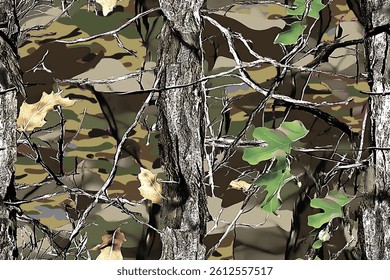 A realistic camouflage pattern with tree branches and leaves in the background, seamless repeating pattern