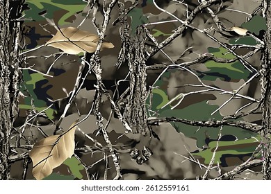 A realistic camouflage pattern with tree branches and leaves in the background, seamless repeating pattern