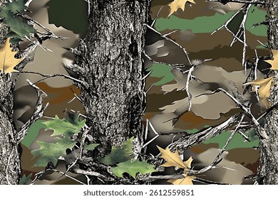 A realistic camouflage pattern with tree branches and leaves in the background, seamless repeating pattern