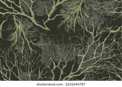A realistic camouflage pattern with tree branches and leaves in the background, seamless repeating pattern.A camouflage pattern with olive green and dark gray tones, featuring intricate tree branches.