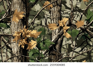 Realistic camouflage print. Seamless pattern. tree, branches and leaves. Useable for hunting and military purposes. Camouflage pattern. 