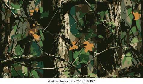 Realistic camouflage print. Seamless pattern. tree, branches and leaves. Useable for hunting and military purposes. Camouflage pattern.