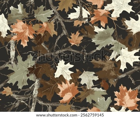 Realistic camouflage seamless pattern using forest leaves and barks. Hunting camo for cloth, weapons or vehicles.