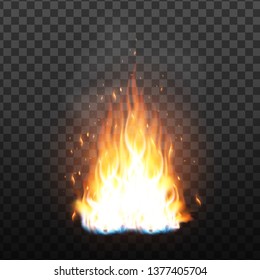 Realistic Campfire Flame With Sparks Effect Vector. Bright Campfire With Sparks And Smoke Effect. Fiery Heat Brush Colorful Animation Image On Transparency Grid Background. 3d Illustration