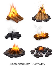 Realistic campfire smoke set of six isolated images with bonfire at various points of burning down vector illustration