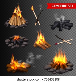 Realistic campfire transparent set of isolated bonfire images with lump wood stones and firebrands with smoke vector illustration