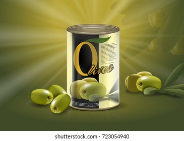 Realistic can or metal bottle with olives at bottom. Container with healthy food for sticker or label. Vegetarian nutrition banner and vegan agriculture badge, farming and food,natural theme