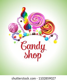 realistic candies, colorful lollipops of various shape on green background vector illustration