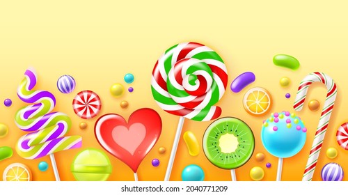 Realistic candies poster. Color sweets, bright lollipops, glossy fruit dragees, striped caramels on sticks, sugar products, kids treats, horizontal background. Vector isolated concept