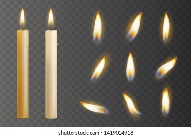 Realistic Candle Burn Set, Night And Holiday Decoration. Wax Flame Ceremony And Christmas Meditation. Vector Candle Fire Illustration