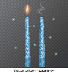 Realistic candle, Burning Blue candle and an extinct candle with glittering texture on dark background, vector illustration