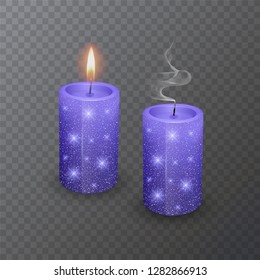 Realistic candle, Burning Blue candle and an extinct candle with glittering texture on dark background, vector illustration