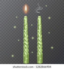 Realistic candle, Burning Green candle and an extinct candle with glittering texture on dark background, vector illustration