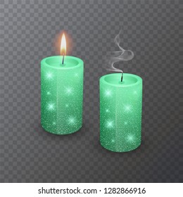 Realistic candle, Burning Green candle and an extinct candle with glittering texture on dark background, vector illustration