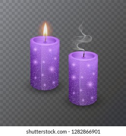 Realistic candle, Burning purple candle and an extinct candle with glittering texture on dark background, vector illustration