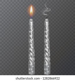 Realistic candle, Burning Silver candle and an extinct candle with glittering texture on dark background, vector illustration