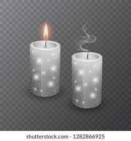 Realistic candle, Burning White candle and an extinct candle with glittering texture on dark background, vector illustration