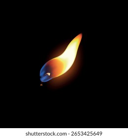 Realistic candle fire flame. 3D flare, burning wick texture on black background. Romantic glow flare vector illustration. Memorial candlelight or celebration event decoration. Candle stump animation